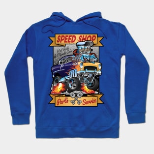 Speed Shop Hot Rod Muscle Car Parts and Service Vintage Cartoon Illustration Hoodie